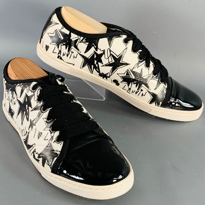 LANVIN Size 9 Black White Leather Graffiti Cap Toe Sneakers