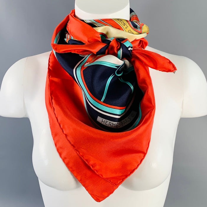 HERMES Washington's Carriage Red Multi Color Print Silk Scarf
