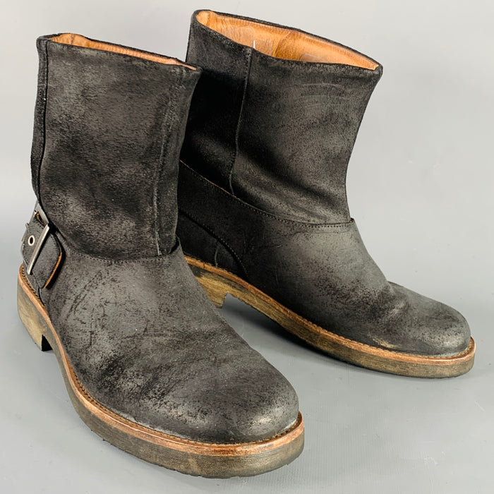 MAISON MARTIN MARGIELA Size 8 Black Distressed Roughout Leather Buckle Ankle Boots
