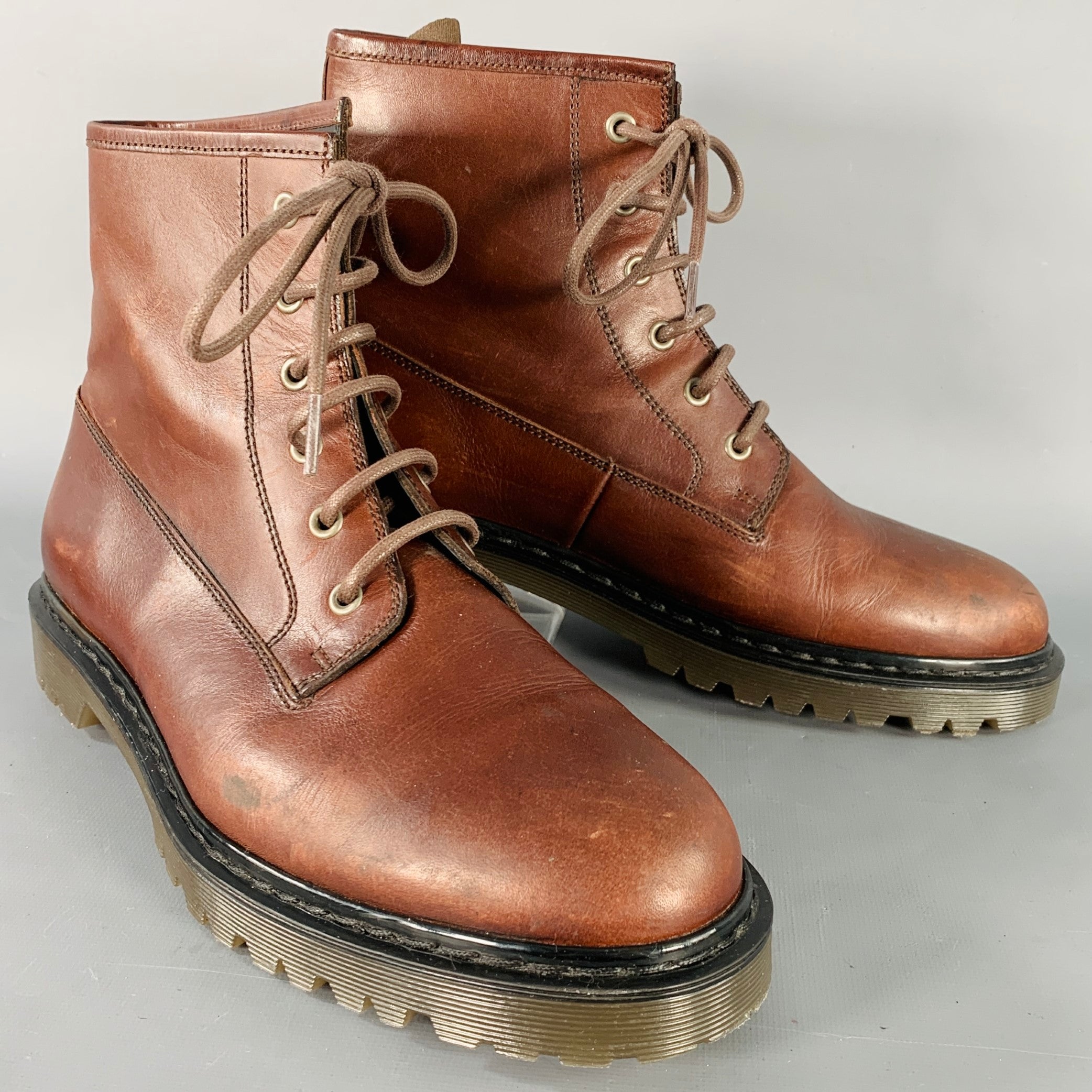 A.P.C. Size 11 Brown Leather Lace-Up Rubber Sole Ankle Boots 
