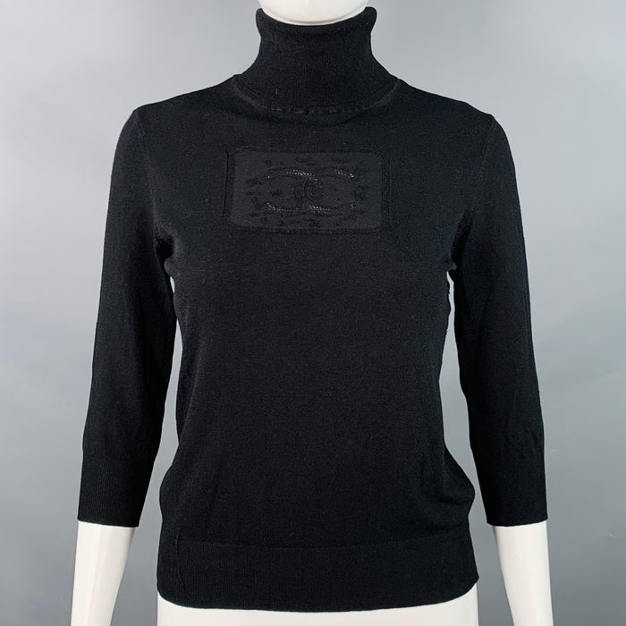 CHANEL Vintage Spring 2003 Size 8 Black Rayon Blend Jersey Logo Turtleneck Casual Top