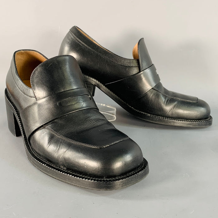 DRIES VAN NOTEN Size 7 Black Leather Chunky Heel Penny Loafers