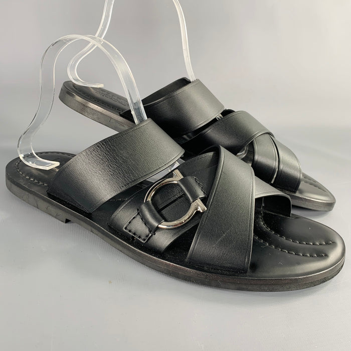 SALVATORE FERRAGAMO Size 12 Black Leather Criss Cross Straps Sandals