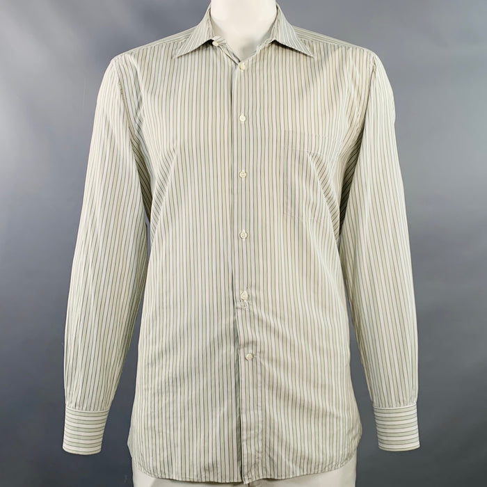 ERMENEGILDO ZEGNA Size XL Green Brown White Stripe Cotton Long Sleeve Shirt