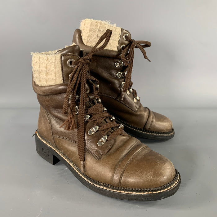 CHANEL Size 8 Brown Leather Distressed Ankle Boots