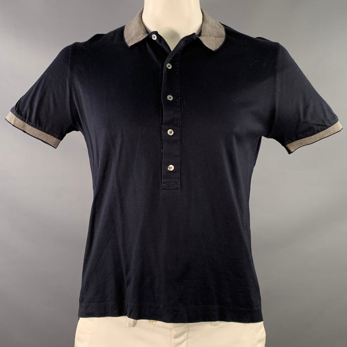 PAUL SMITH Size L Navy Grey Cotton Contrast Stripe Trim Polo
