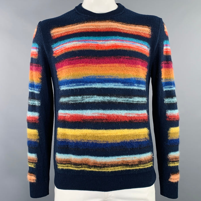 PAUL SMITH Size L Navy Multi Color Stripe Wool Blend Crew Neck Sweater