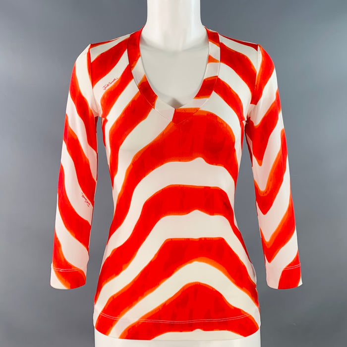 JUST CAVALLI Size XS Red White Viscose Blend Jersey Zig Zag 3/4 Sleeves V-Neck Casual Top