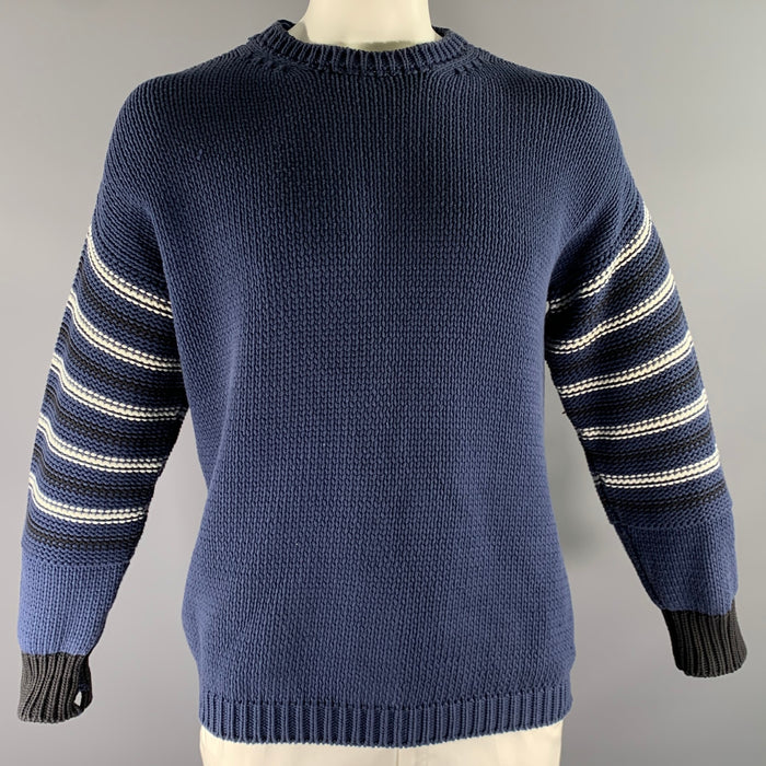 MARNI Size L Navy White & Black Knit Cotton Blend Ribbed Sweater