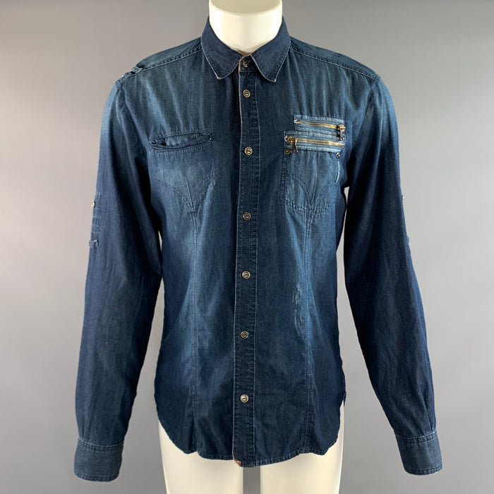 D&G by DOLCE & GABBANA Size S Blue Navy Distressed Cotton Long Sleeve Shirt