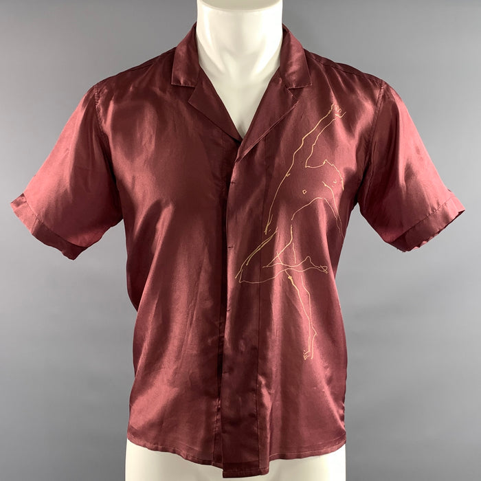 DRIES VAN NOTEN Size S Burgundy Tan Figures Short Sleeve Shirt