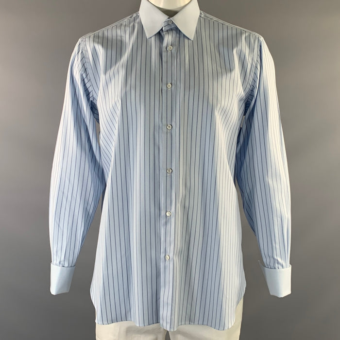 BRIONI Size XL Blue Navy Stripe Cotton Button Up Long Sleeve Shirt