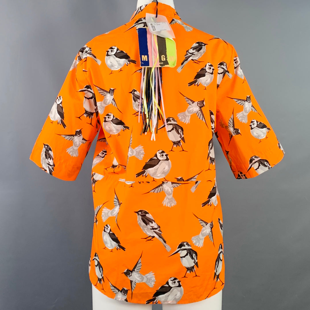 MSGM Size M Orange Black White Cotton Birds One Pocket Short Sleeve Shirt