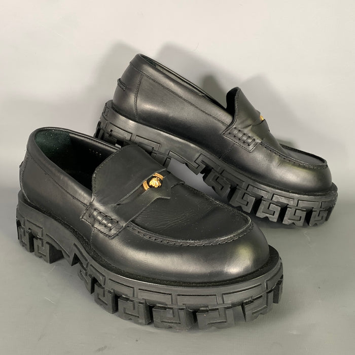 VERSACE Size 9 Black Gold Leather Textured Platform Flats