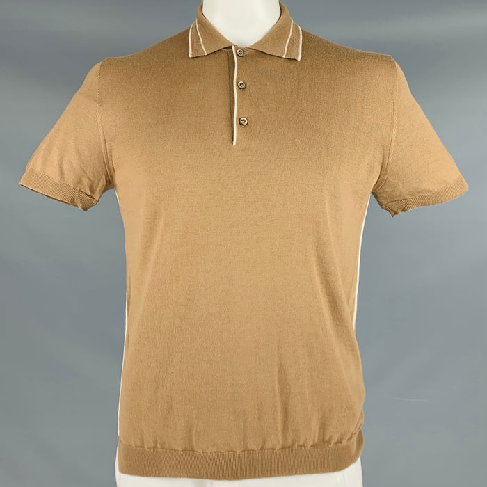 PRADA Size L Tan Beige Knit Wool Buttoned Polo