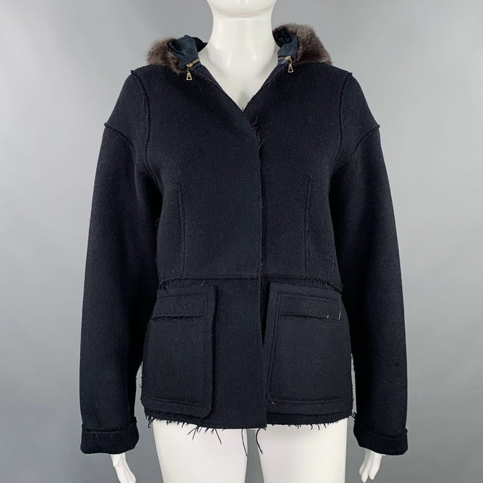 MARNI Size 4 Black Wool Blend Raw Edge Hooded Jacket