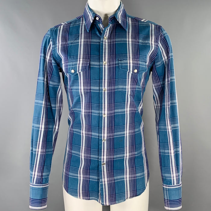 TOM FORD Size M Blue Navy Plaid Cotton Western Long Sleeve Shirt