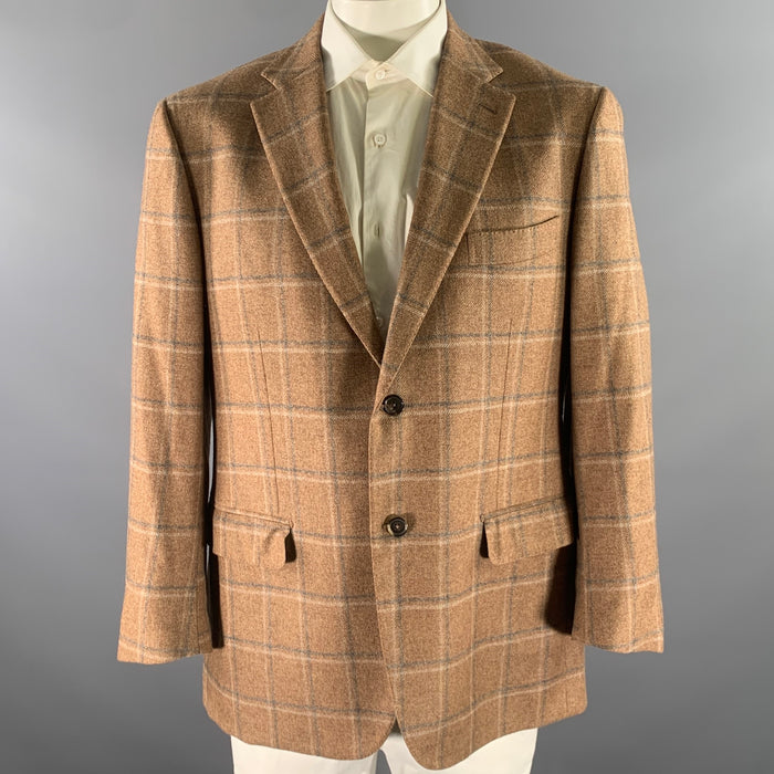 ISAIA Size 46 Brown Blue Grey Plaid Cashmere Notch Lapel Sport Coat