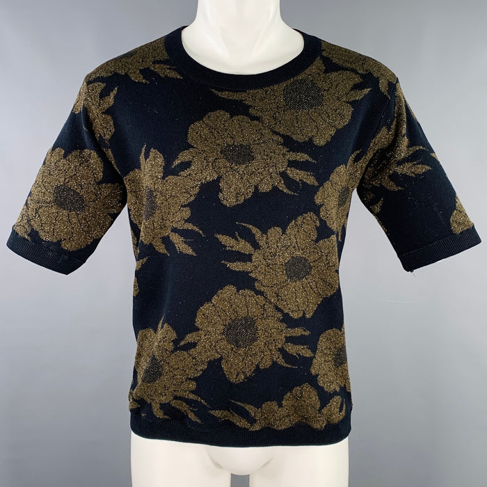 DRIES VAN NOTEN Size S Black Metallic Floral Knit T-shirt