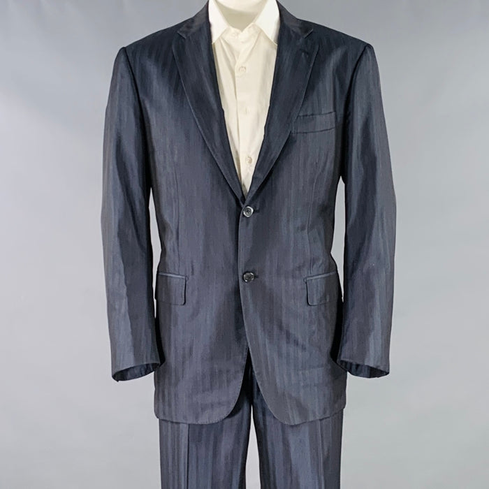 ISAIA Size 46 Long Navy Stripe Wool Silk Notch Lapel Suit