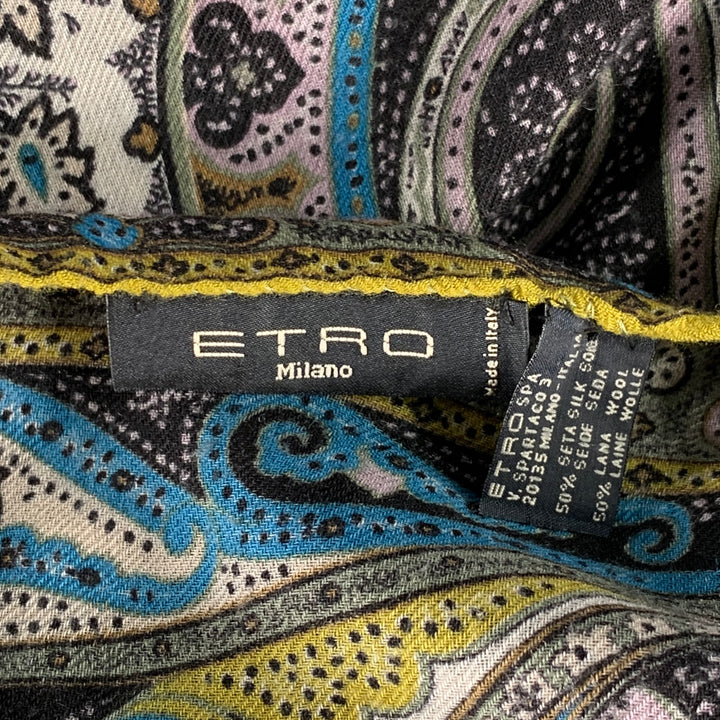 ETRO Multi Color Paisley Silk Wool Fringe Scarf