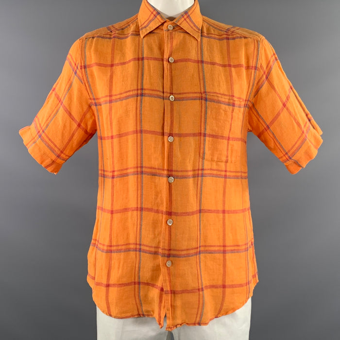 ERMENEGILDO ZEGNA Size L Orange Red & Blue Plaid Short Sleeve Shirt