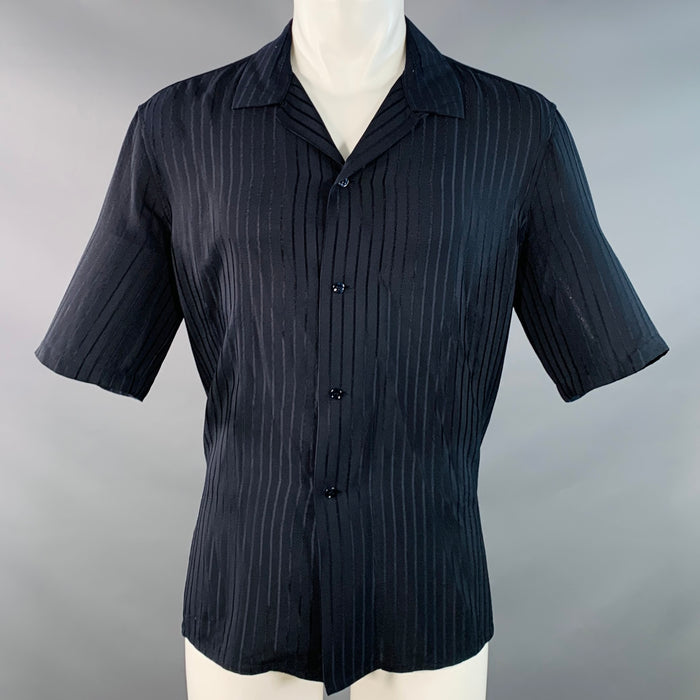 SAINT LAURENT Size S Navy Stripe Silk Camp Short Sleeve Shirt