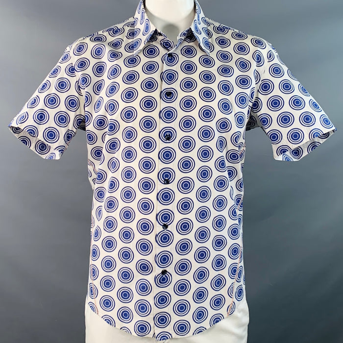 HUGO BOSS Size XL Blue White Circles Cotton Pointed Collar Short Sleeve Shirt
