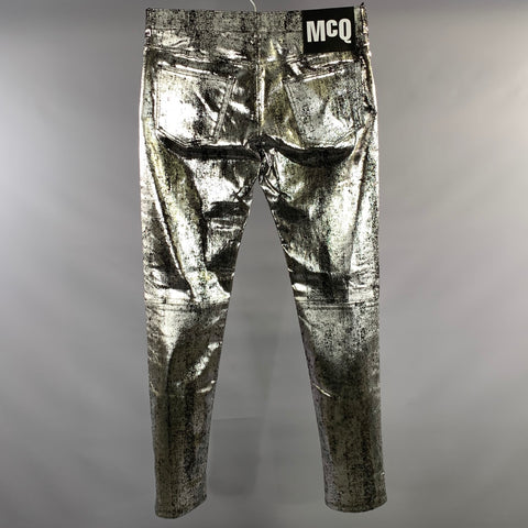 MCQ by ALEXANDER MCQUEEN Size 36 Silver Black Crackled Cotton Blend Jeans
