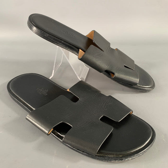 HERMES Size 11 Black Leather Slide Sandals