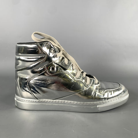 BALENCIAGA Size 7 Silver Metallic Leather High Top Sneakers