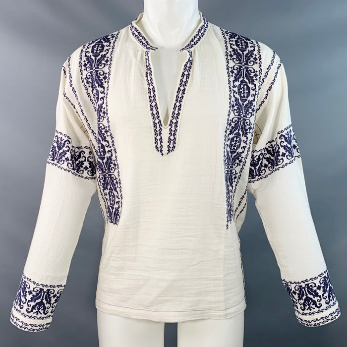 ISABEL MARANT Size M Piperi White Navy Embroidery Cotton V-Neck Pullover
