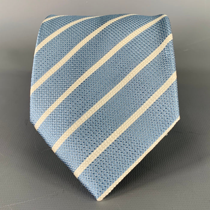 BRIONI Light Blue White Diagonal Stripe Silk Tie
