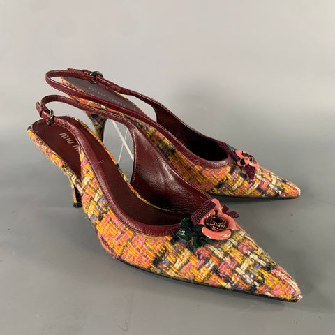 MIU MIU Size 7 Burgundy Wool Tweed Slingback Pumps