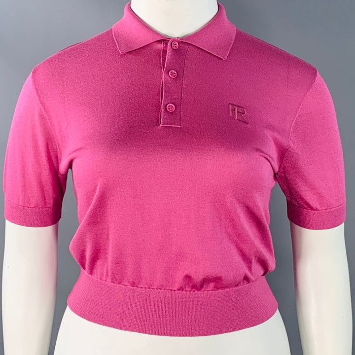 RALPH LAUREN COLLECTION Size L Pink Raspberry Mulberry Silk Embroidered Polo Casual Top