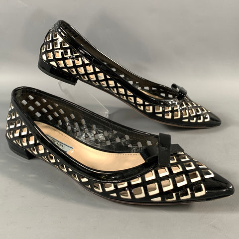 PRADA Size 6.5 Black White Leather Cut Out Pointed Toe Flats