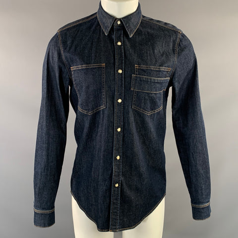 GIVENCHY Size S Navy Yellow Contrast Stitch Cotton Blend Long Sleeve Shirt