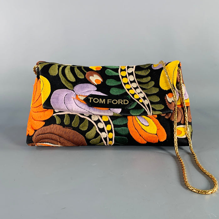 TOM FORD Black Multi Color Embroidered Leather Handbag