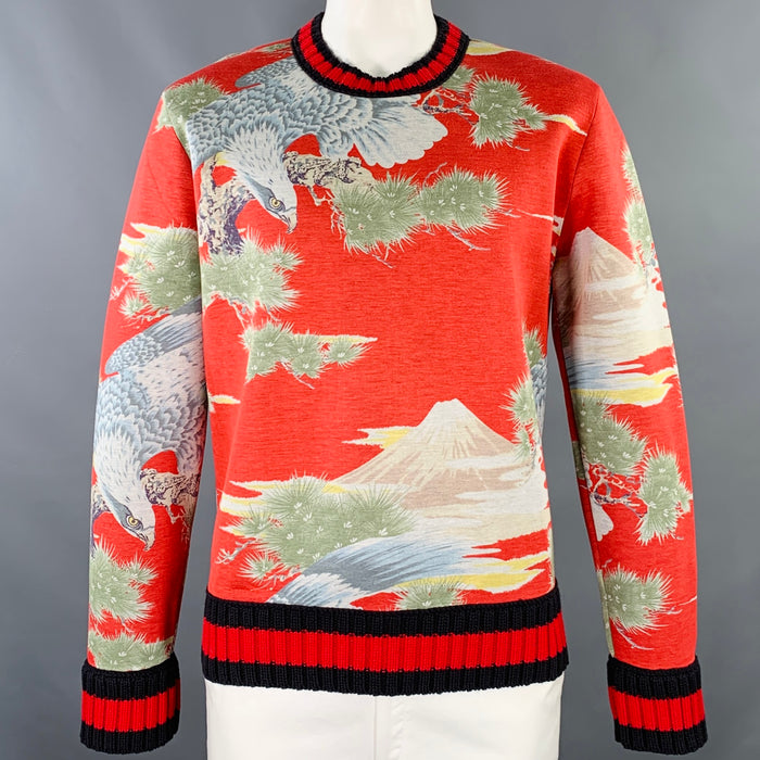 GUCCI Size XL Red Multi Color Print Modal Crew Neck Sweatshirt