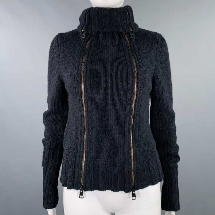 ANN DEMEULEMEESTER Size 8 Black Merino Wool Angora Double Zipper Cardigan
