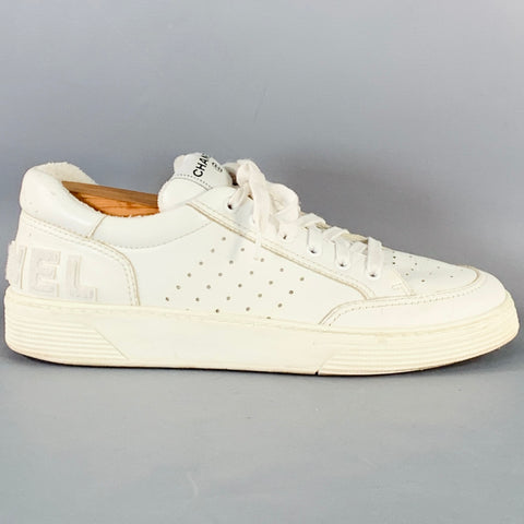 CHANEL Size 9 White Perforated Leather Logo Lace-Up Sneakers