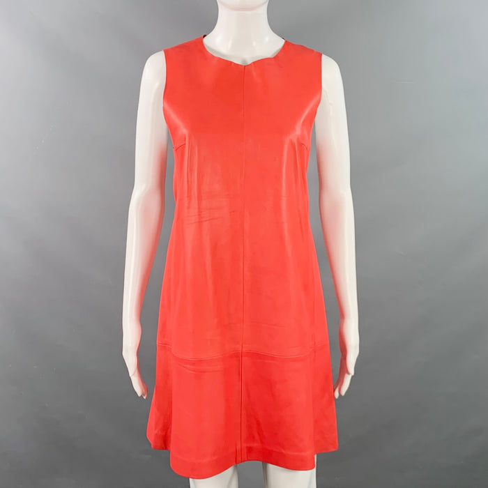 BALENCIAGA Size 8 Red Coral Lambskin Leather Sleeveless Shift Dress