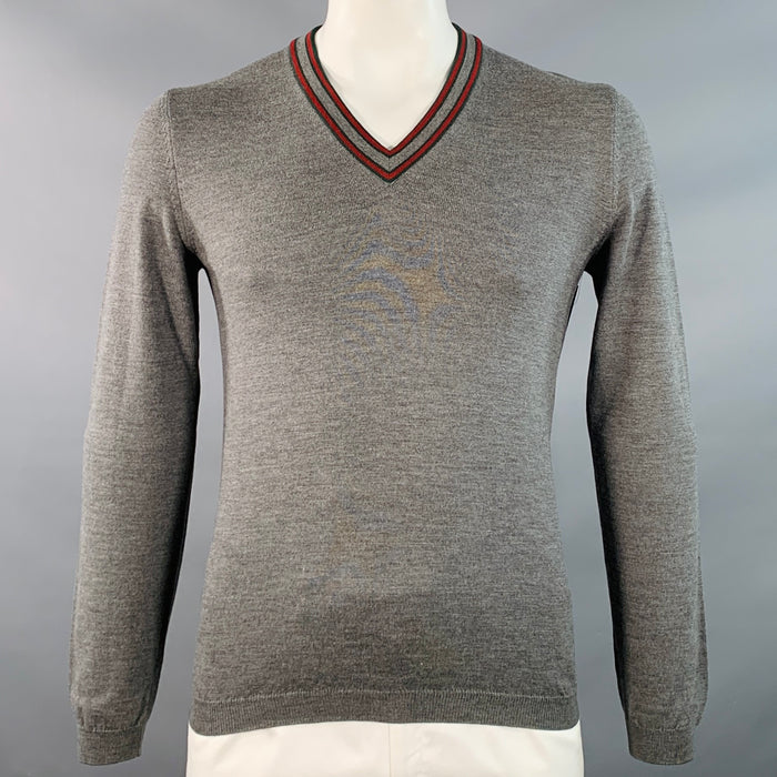 GUCCI Size L Grey Red Green Contrast Trim Wool V-Neck Pullover