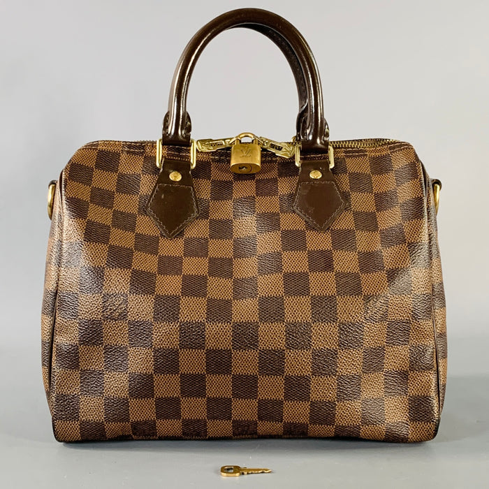 LOUIS VUITTON Ebene Speedy Bandouliere 25 Brown Tan Damier Leather Trim Canvas Handbag