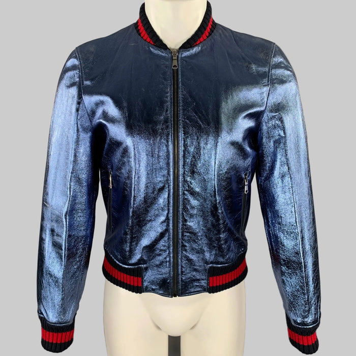 GUCCI Size 36 Blue Metallic Stripe Leather Bomber Jacket
