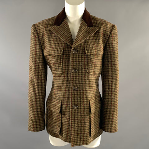 RALPH LAUREN Size 8 Tan Burgundy Wool Houndstooth Jacket