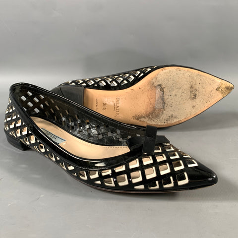 PRADA Size 6.5 Black White Leather Cut Out Pointed Toe Flats