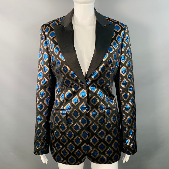 ETRO Size 8 Black Blue Metallic Geometric Peak Lapel Jacket Blazer