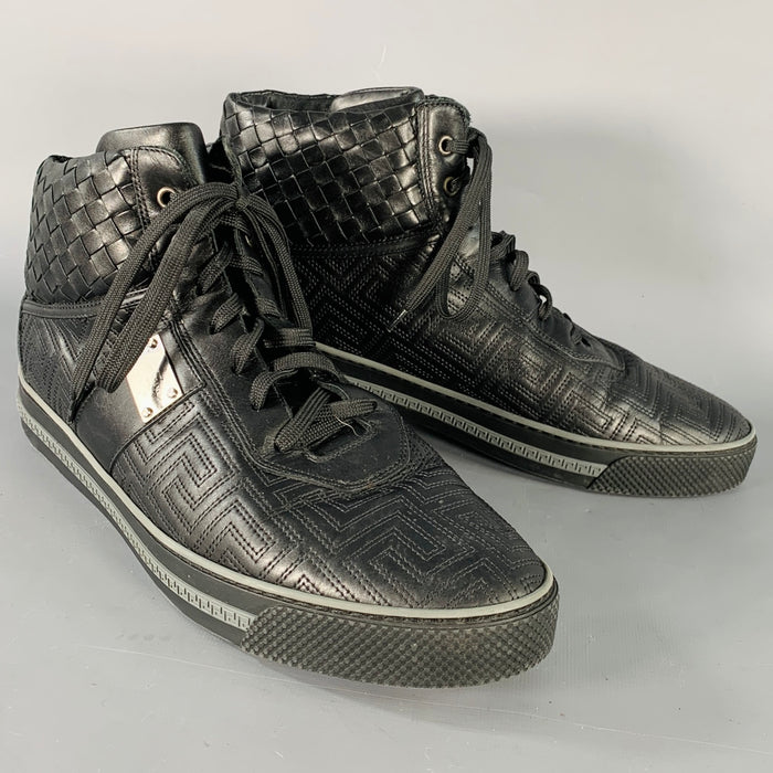 GIANNI VERSACE Size 11 Black Greca Leather High Top Sneakers