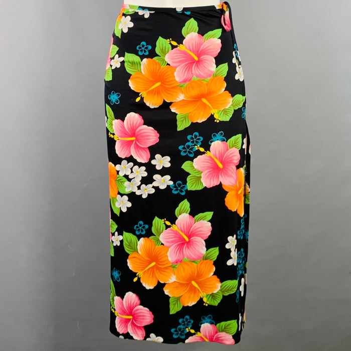 DOLCE & GABBANA 2000s Size M Black Multi Color Polyester Floral Side Zipper Swim Coverup Skirt